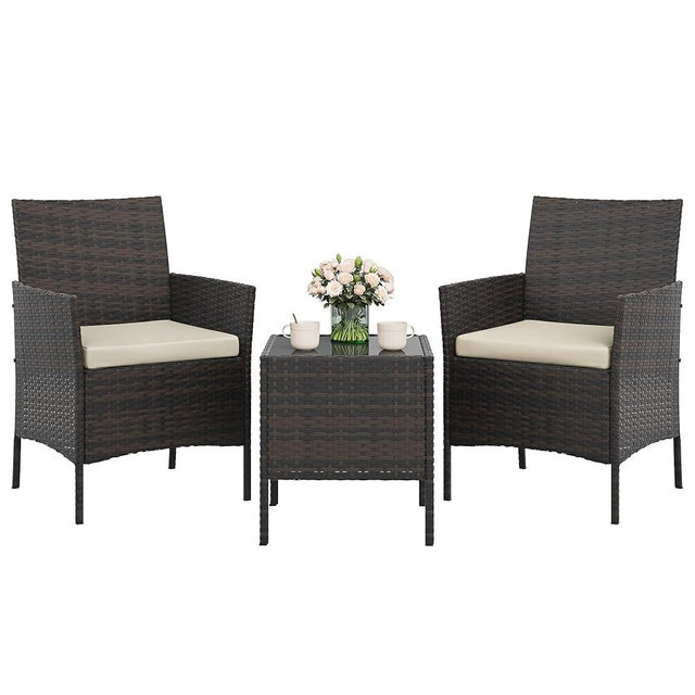 GAOMON 3-Piece Patio Furniture Set, Modern PE Rattan Conversation Set with 2 Chairs & Tempered Glass Coffee Table, All-Weather Outdoor Seating for Garden, Porch, Balcony, Poolside, Brown/Cream