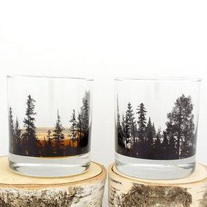 Whiskey Glasses - Forest Landscape - Screen Printed Tumbler Glasses - Set of two 11oz. Tumblers