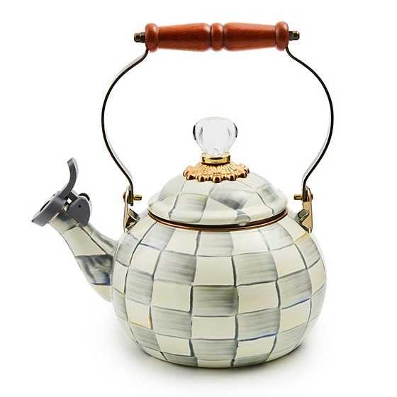 MACKENZIE-CHILDS Enamel Whistling Tea Kettle, Decorative Teapot, Gray-and-White Sterling Check