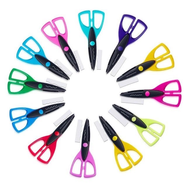 LumaKid 12 Pack Decorative Craft Scissors for Kids – 6.5” Safety Blunt Tip Edge Scissors with 12 Unique Patterns, Colorful Paper Cutting Tools for Scrapbooking, DIY Crafts, School Supplies