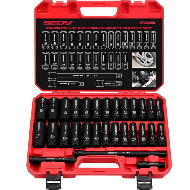 29-Piece 1/2" Drive SAE and Metric Impact Socket Set with Extension Bars - CR-V Material