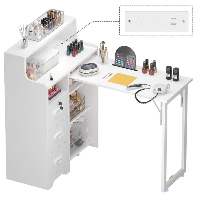 DUDUSHIMAN Foldable Nail Desk for Nail Tech, L Shape Manicure Table with Cabinet Drawer & Built-in Charging Station, Portable Nail Table for Beauty Salon Workstation (White)