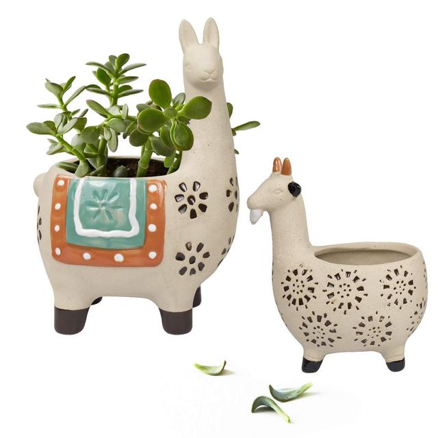 Ceramic Animal Succulent Planter Pots - 6.1 + 4.5 inch Cute Alpaca / Llama Goat Rough Pottery Unglazed Flower Plant Pots Indoor with Drainage, for Mom, Home Decor