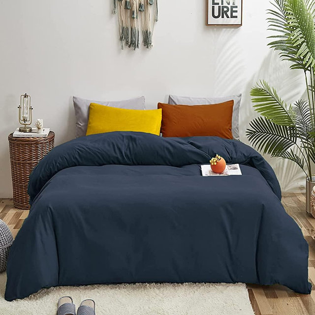 Luxlovery Navy Blue Comforter Set King Dark Blue Bedding Comforter Set Cotton Soft Breathable Quilts Breathable Cozy Comforter with 1 Yellow+1 Caramel Pillowcase for King Bed
