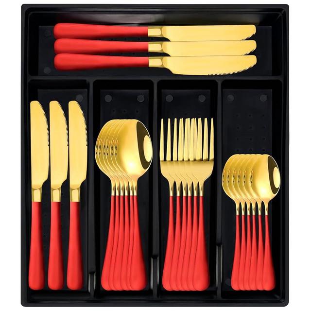 24-Piece Silverware Set with Organizer,Heavy Duty Stainless Steel Silverware for 6,Flatware Set with Antiskid Handle,Rust-proof Stainless Steel Cutlery, Mirror Polished (Red Gold) (Red Gold)