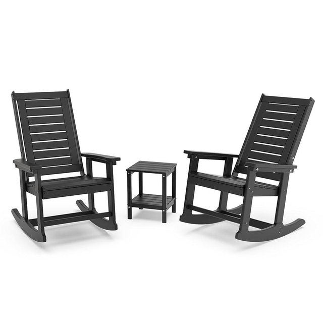 GREENVINES Outdoor Rocking Chair Set | 3-Piece | 2 Rocking Chairs with 1 Side Table | Porch Rocker | HDPE Plastic | Black | Patio Furniture Sets | High Back | Big & Tall | Ladder back