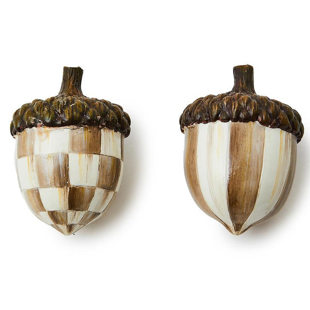 MACKENZIE-CHILDS Decorative Acorns, Resin Acorn Fall Decor for Kitchen and Home, Set of 2, Brown-and-White Mocha Check