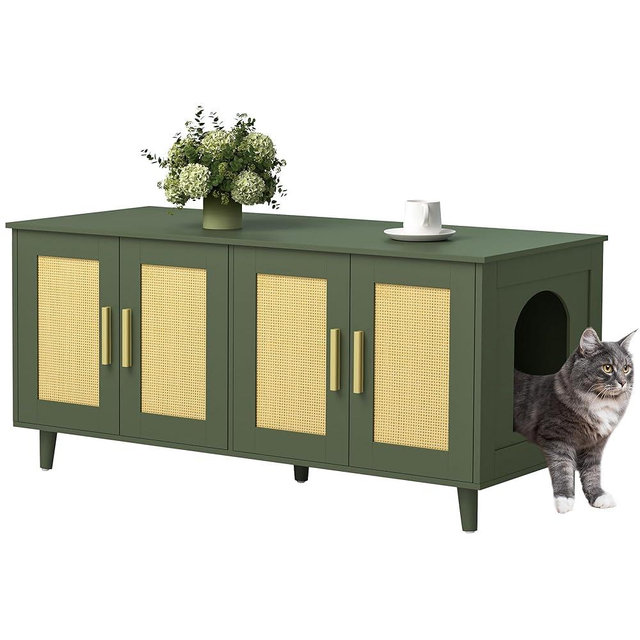 Homhedy Boho Cat Litter Box Enclosure for 2 Cats, Wooden Cat Washroom Furniture with Double Rattan Decorated Doors, Pet House,47.2”L x 19.7”W x 21.7”H, Green