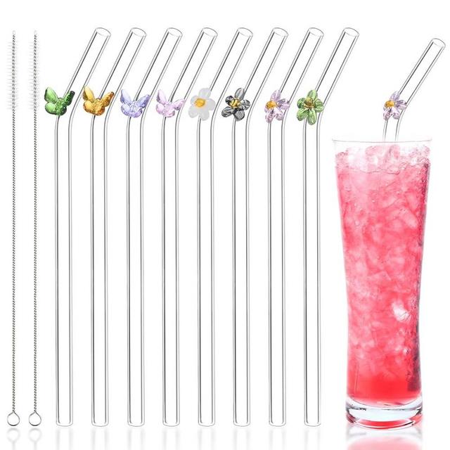 BIEOFFEI 8 Pack Reusable Glass Straws with Flower Butterfly 8" x 8 MM Clear Glass Straws Bent Glass Drinking Straw with 2 Cleaning Brush, Cute Glass Straws with Charms for Smoothies, Drink, Tea, Juice