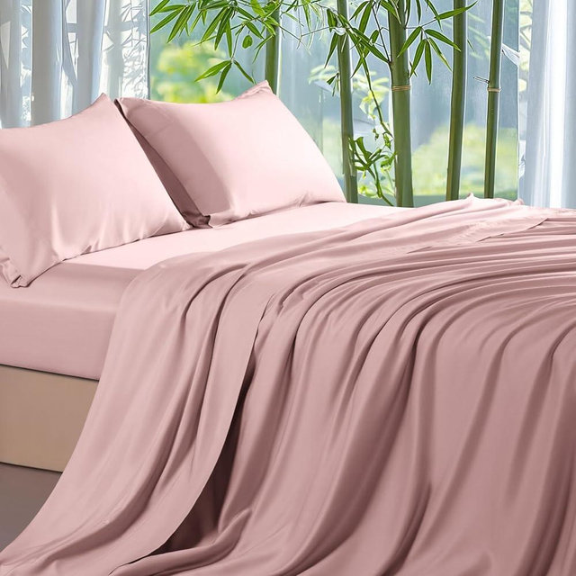 Shilucheng 100% Viscose Derived from Bamboo_ Sheets King Size 4pcs - Ultra Cooling & Silky Soft Bed Sheets, 16" Deep Pocket, Perfect for Hot Sleepers, Hotel Bedding Sheets (Light Pink)