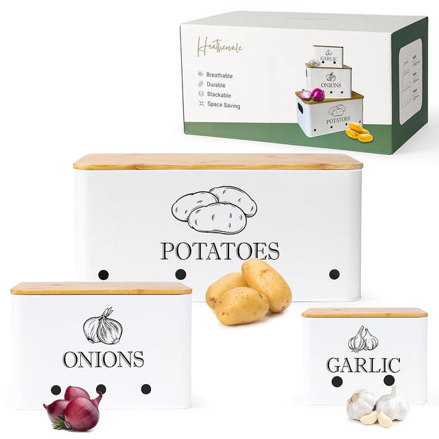 Heathervale Potato Onion and Garlic Storage Bins with Wooden Lid & Breathable Holes – Rustic Farmhouse Stackable Kitchen Vegetables Canisters with Ventilation & Side Handles Space Saving – Set of 3