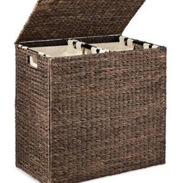 Large Water Hyacinth Double Laundry Hamper Basket w/ 2 Liner Bags