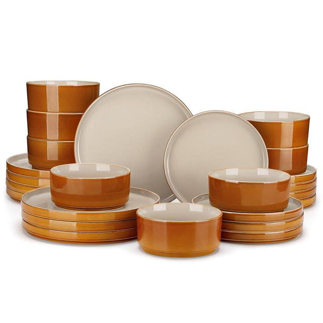 vancasso ONION Ceramic Plates and Bowls Sets, 24 Pieces Grey Dinnerware Sets for Kitchen, Reactive Glaze Dishes Set for 8, Dishwasher and Microwave Safe