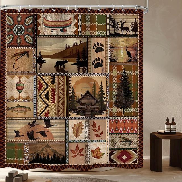 LIGHTINHOME Fall Retro Cabin Shower Curtain 60Wx72H Inches Western Rustic Bear Country Hunting Wildlife Lodge Tribal Farmhouse Cloth Fabric Waterproof Polyester Bathroom Home Decor Set with Hooks