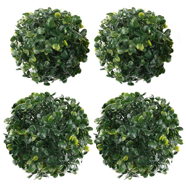 AUEAR, Artificial Boxwood Topiary Plant Balls Plastic Hanging Faux Green Grass Ball Decor Indoor Outdoor (4 Inch 6 Inch, 4 Pack)
