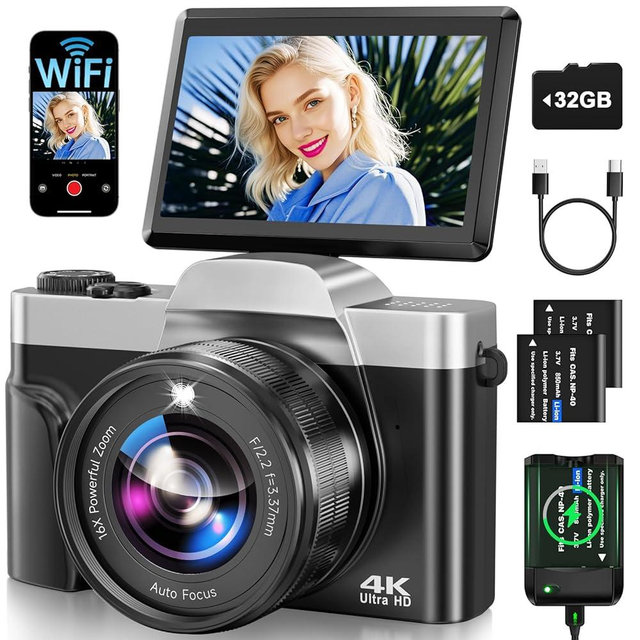4K Digital Camera for Photography with WiFi 64MP Auto-Focus Vlogging Camera for YouTube Video 3'' 180° Flip Screen 4K Cameras 16X Zoom Anti-Shake Compact Point and Shoot Cameras with SD Card