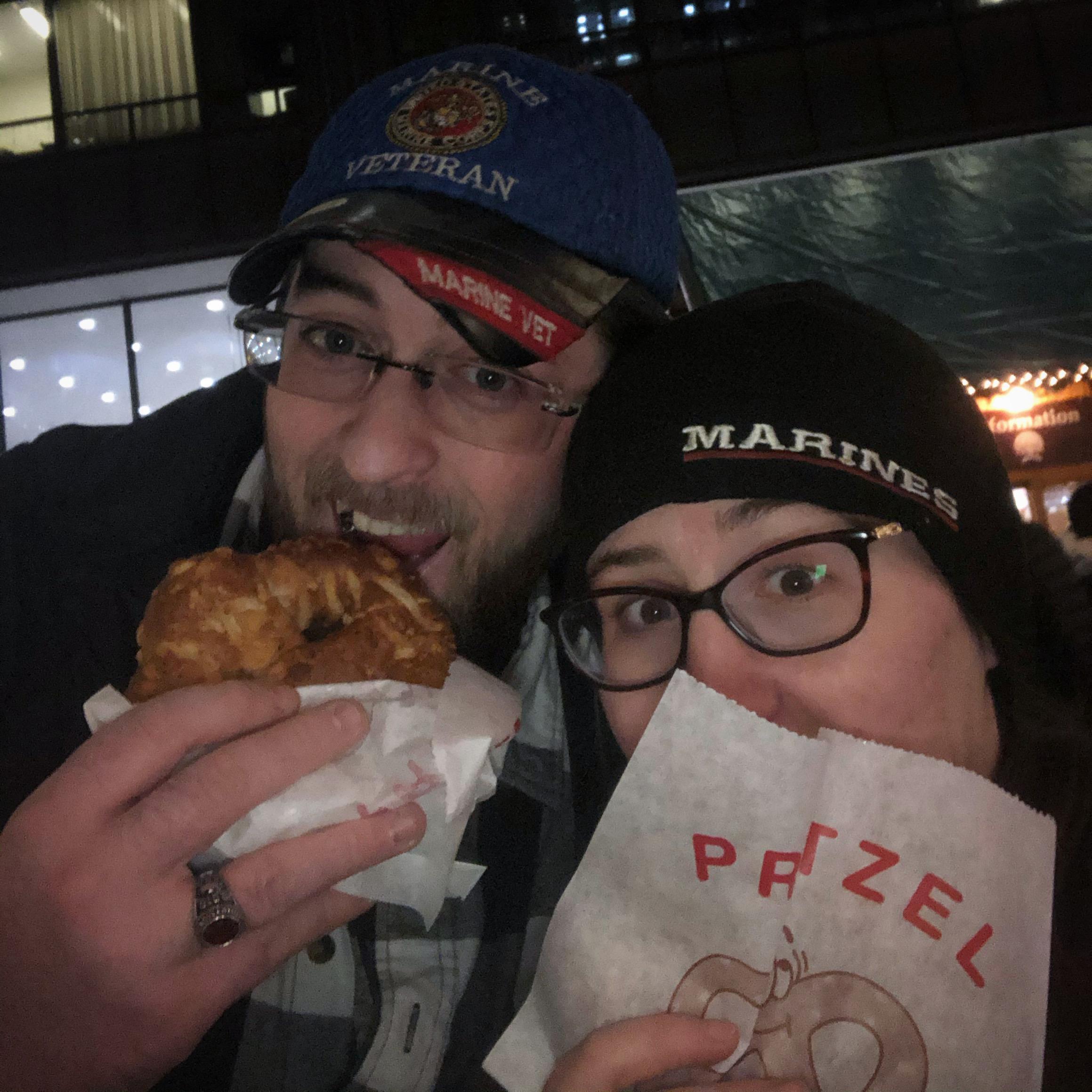 Right after saying yes, we stuffed our faces with stuffed pizza pretzels--because that is what we do at Christkindlmarket!