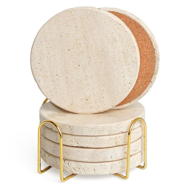 Dhfsleo Natural Travertine Marble Coasters Set of 6, Round 4 inch Stone Drink Coasters, Non-Slip Cork Backing, Festival Gifts, Wedding, Protect Tables from Stains & Scratches.