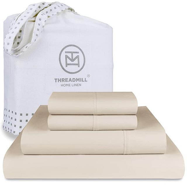100% Certified Egyptian Cotton Sheets Queen Size, 4 Piece Sateen Weave Light Beige Luxury Bed Set, Solid Bedsheets with Elasticized Deep Pocket - by Threadmill