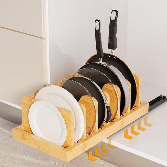 RESENSTORE Bamboo Pots and Pans Organizer Under Cabinet,Pull Out Cabinet Organizers for Kitchen, for Pot Lids, Pans, Cutting Boards & Baking Sheets, Dinner Plates, with Adjustable Dividers