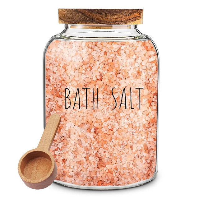 Bliss by Home Bath Salts Glass Jar - Bath Salt Container with Wooden Lid and Scoop, for Bathroom Bath Decor Bathtub Accessories for Women - Airtight Storage (1)