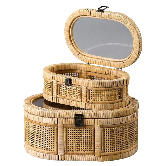 SOFE Oval Rattan Boxes with Glass Lid Set of 2, Farmhouse Stacking Decorative Boxes for Home Decor Organizers, Handwoven Boho Storage Bins, Thanksgiving, Christmas, Housewarming Gifts