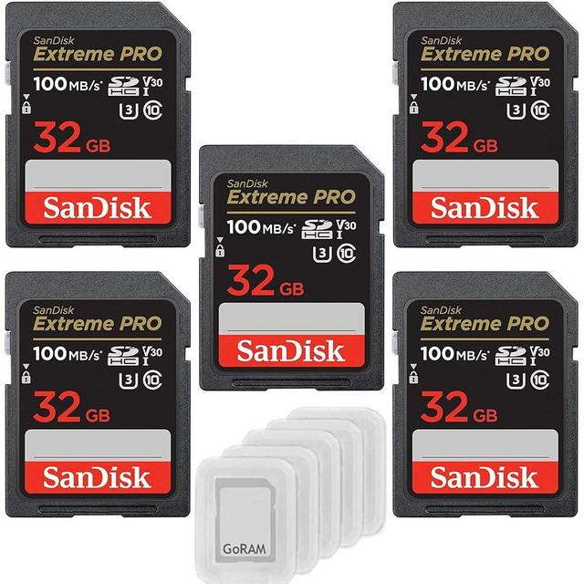 SanDisk 32GB (5 Pack) Extreme Pro SDHC UHS-I Class 10 SD Camera Card C10, U3, 4k UHD, V30 SDSDXXO-032G-GN4IN Bundle with (5) GoRAM Cases