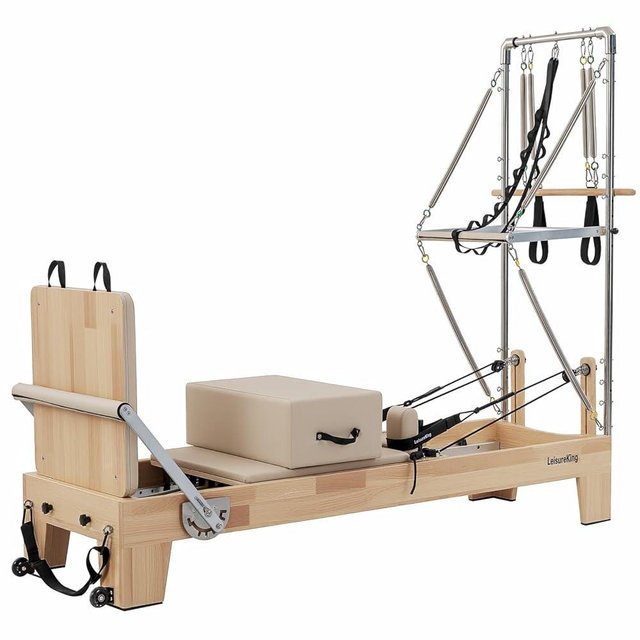 LeisureKing Pilates Reformer Machine, Quick-Assembly Foldable Studio Grade Pilates Equipment for Gym and Home, Oak Wood Pilates Reformer with Reformer Accessories