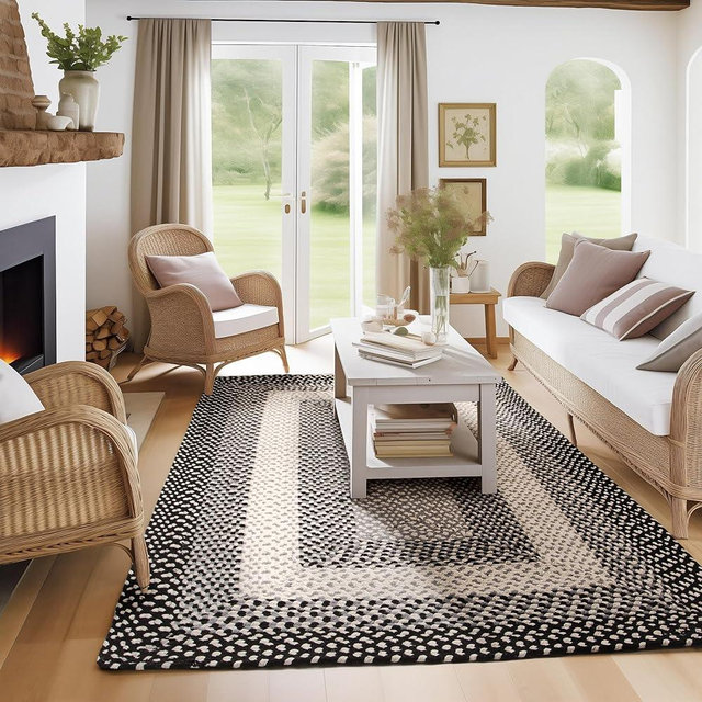 Super Area Rugs 7X9ft Farmhouse Braided Rug - Natural Soft Cotton Carpet for Living Room - Primitive Country Woven Rug - Black/Gray/Ivory
