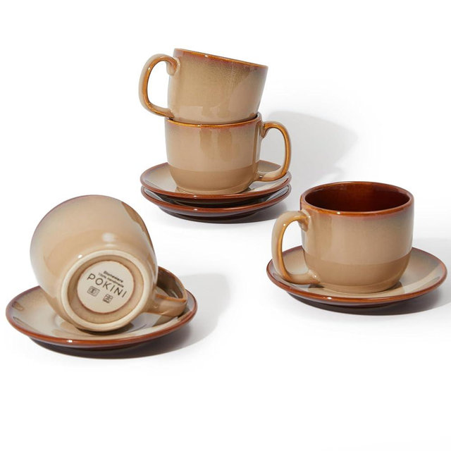 Pokini Stoneware Coffee Cups with Saucers, 6 Oz Cappuccino Cups Set of 4, Microwave & Dishwasher Safe, Perfect For Tea, Espresso, Latte, Ceramic Mugs for Kitchen or Cafe, Brown Yellow