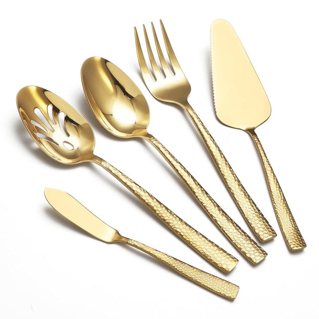 Large Hostess Serving Utensils Set, Stainless Steel Heavy Duty Hammered Serving spoons, Slotted Spoons, Serving Fork, Cake Server, Butter Knife, Dishwasher Safe (Gold)