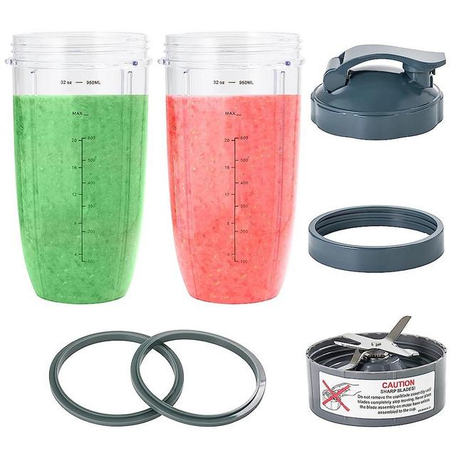 Meet Juice 2-Pack Replacement Parts Upgrade 32oz Cups with Flip-Top To-Go-Lid and Rubber Gaskets Compatible with Nutribullet 600w/900w Blender