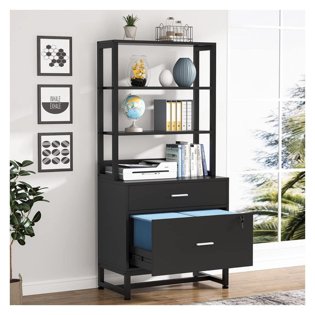 Lantine 2 Drawers Vertical File Cabinet, Filing Cabinet Printer Stand with Open Storage Shelves