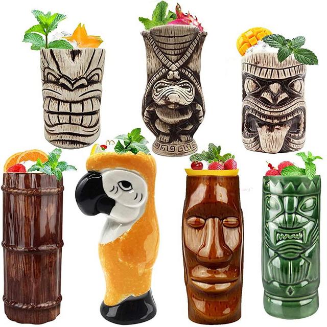 Tiki Mugs Cocktail Set of 7 - Large Tumblers Ceramic Hawaiian Luau Party Mugs Drinkware, Cute Exotic Cocktail Glasses, Tiki Bar Professional Hawaiian Party Barware, TKSET0018 (Set of 7)