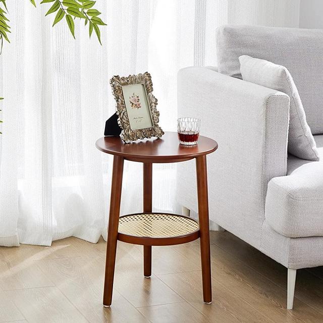 APICIZON Round Side Table with Storage, Brown Rattan Nightstand Bedside Table, Small End Table for Living Room, Bedroom, Small Spaces, Modern Accent Table Easy Assembly, 15 x 19.3 Inches