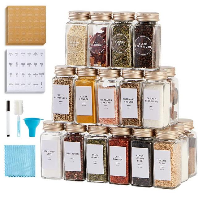 25 Pcs Spice Jars with Label- Glass Spice Jars with Gold Metal Caps,Shaker Lids, Funnel, Chalk Pen, Brush,Cleaning Cloth ,Skiileor 4oz Seasoning Containers Bottles for Spice Rack, Cabinet, Drawer