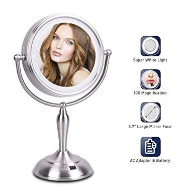 LED Makeup Mirror - 7.5 Inch Lighted Vanity Mirror, 1x/10x Magnifying Double Sided Mirror With Stand, AC Adapter Or Battery Operated, Natural White Light, Cord Or Cordless