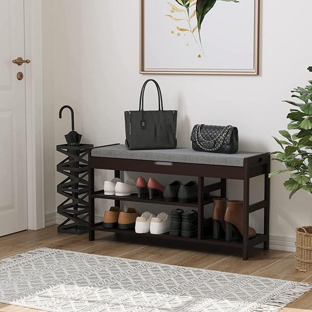 HIFIT Bamboo Shoe Bench Rack with Storage, Entryway Storage Bench with Padded Seat, Shoe Oiganizer Shelf for Entryway Mudroom Bathroom, Vintage
