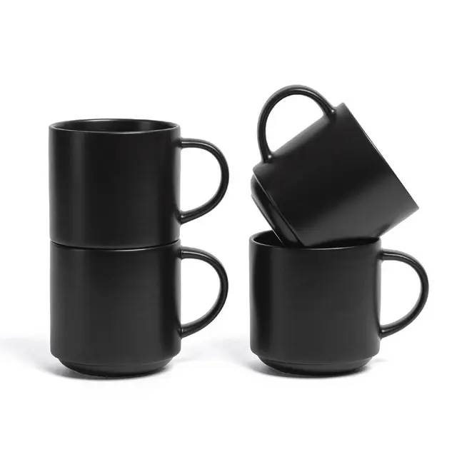 over&back Set of 4 14oz Stackable Hand-Finished Stoneware Mugs Semi-Matte Black: Microwave & Dishwasher Safe