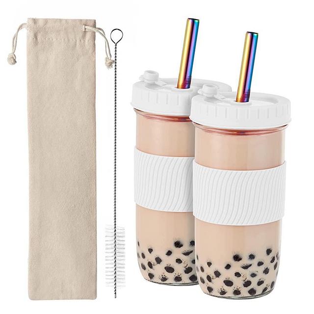 Amyoole 2 Pack Reusable Boba Cup,24Oz Wide Mouth Smoothie Cup,mason Jar Glass Cups with Lids and Straws,Bubble/Boba Tea Cups,Ice Coffee Tumbler 2 colored straws 1 sponge brush(White)
