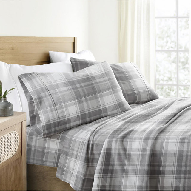 100% Cotton Flannel 4PC Sheet Set Super Soft - Becky Cameron, Plaid Light Gray, Queen