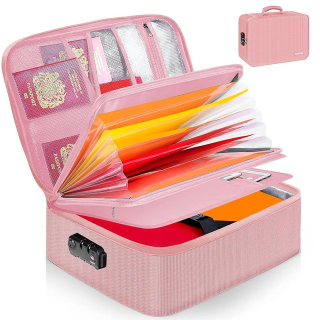 Noiposi Important Document Organizer, Waterproof and Fireproof Document Box with 7 Pockets File Folder,Portable Home Fire Safe Storage Box Case with Lock for Documents,File and Card,Pink