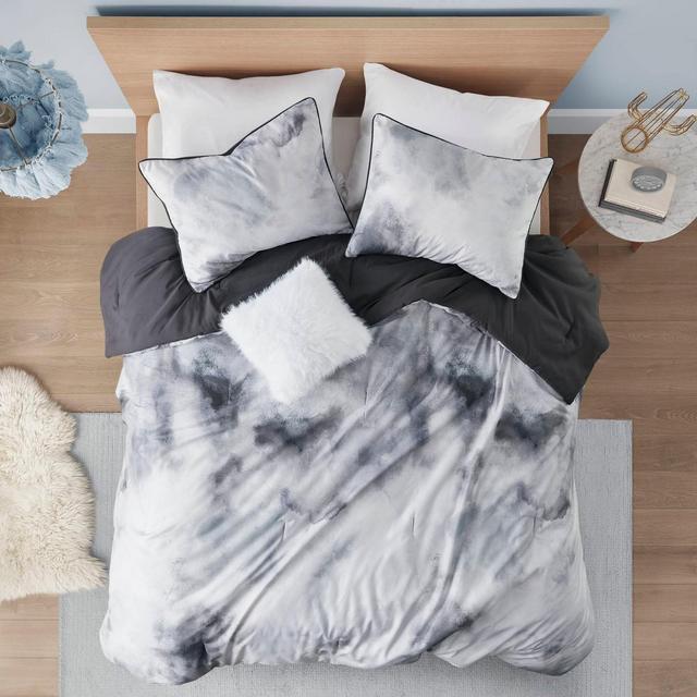 4 Pcs Elegant Tie Dye Print Microfiber Comforter Set, All Season Home Textile fits Colorful Lux Bedroom Decor, Charcoal, Full/Queen