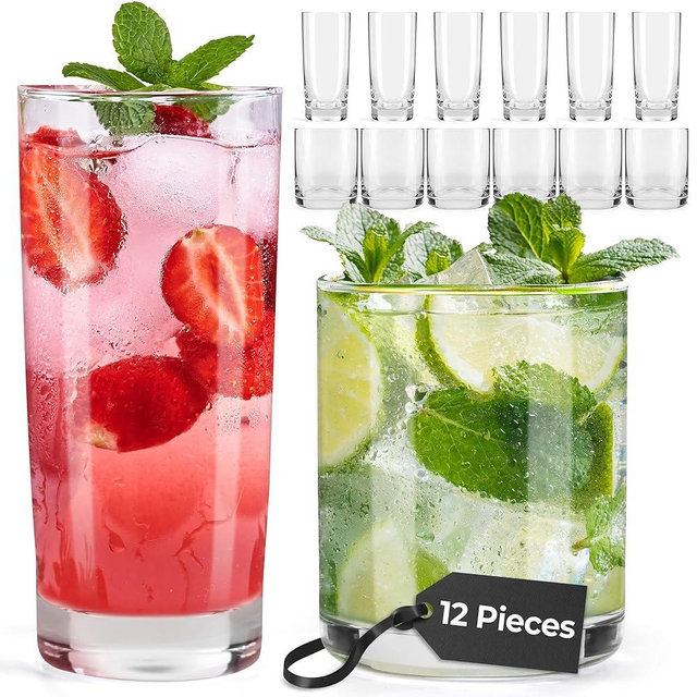 MIAMIO - Drinking Glasses Set of 12/6 x Small 13 oz and 6x Big 15.8 oz Glass Cups for Water, Cocktails, Tea and Beer - Dishwasher Safe