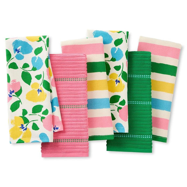 Kate Spade New York Painterly Bouquet & Bold Painterly Stripe Kitchen Towels 6-Pack Set, Absorbent 100% Cotton, Pink/Green/Blue, 17"X28"