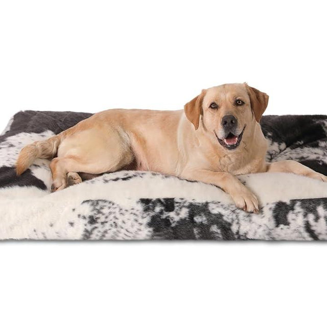 Bedfolks Waterproof Dog Crate Bed,Plush Dog Bed with Removable Washable Cover,Faux Fur Dog Crate Pad for Extra Large dogs,Fluffy Dog Kennel Bed 41"x27",Black-white cowhide