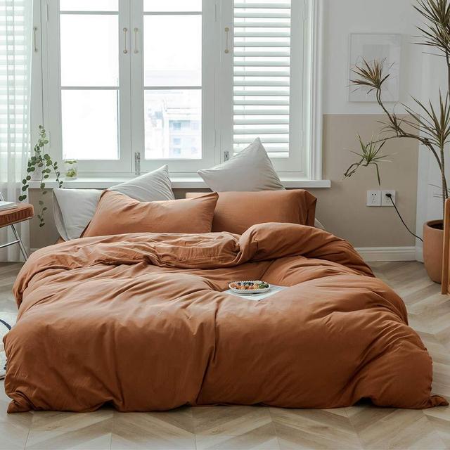 Caramel Pumpkin Duvet Cover King Solid Brown Bedding Set Breathable Soft Knitted Cotton Simple Bedroom Collection Easy Care Solid Color Adults Bedding Zipper Closure