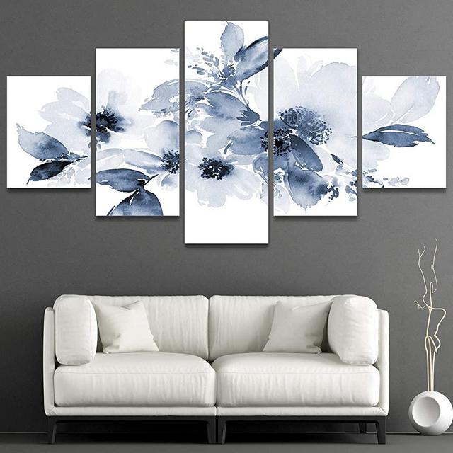 signwin 5 Panel Canvas Wall Art Grand Object of Art, Flowers Watercolor Illustration Pictures Modern Artwork for Home Decorations Ready to Hang - 60"x32"
