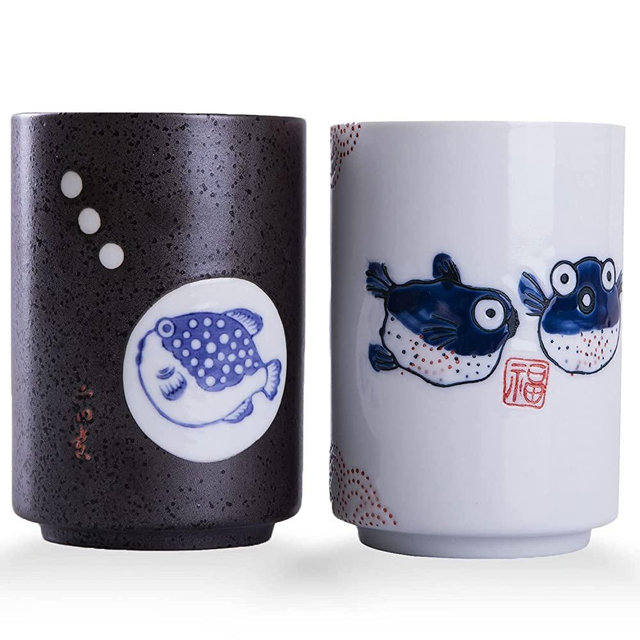 WHJY 10oz Transitional Chinese/Japanese style Handle-less Ceramic Tea cups teacup, Puffer Pattern Set of 2