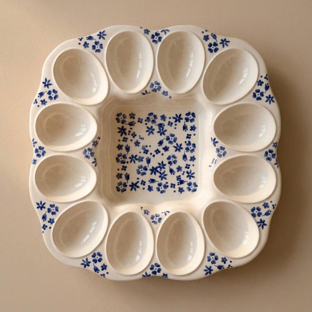 Vintage Blue Floral Ceramic Egg Platter, Deviled Egg Tray, Cottagecore Kitchen Decor
